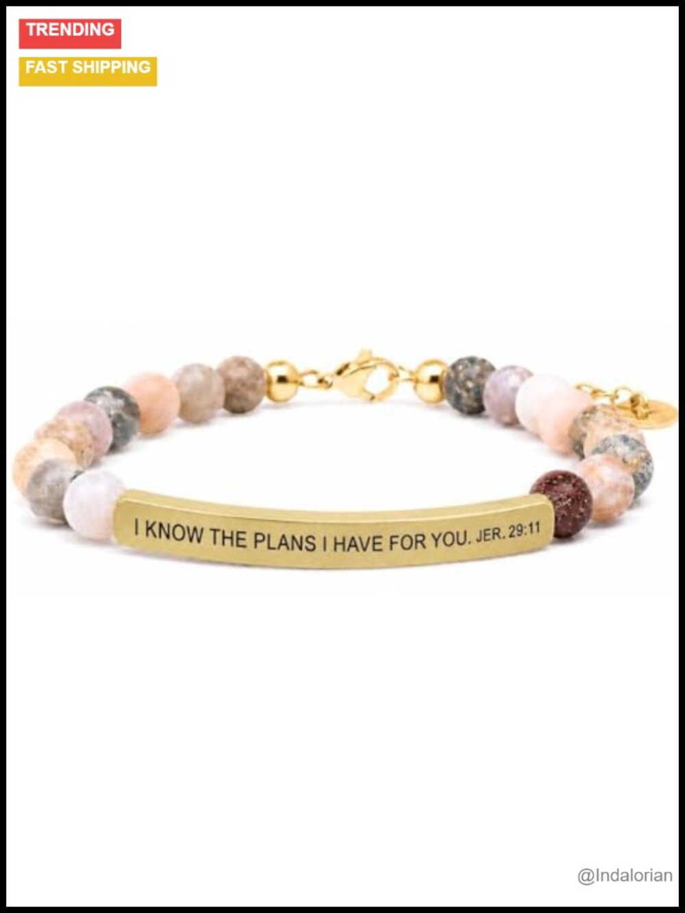 Inspirational Natural Gemstone Stretch Bracelet, Engraved Stainless Steel Bar,